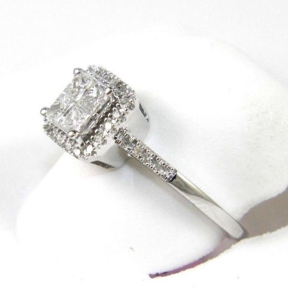 Round and Princess Cut Large Diamond Engagement Ring Set 4ct  4-Stone Princess Square Diamond Ring 14k WG .56Ct